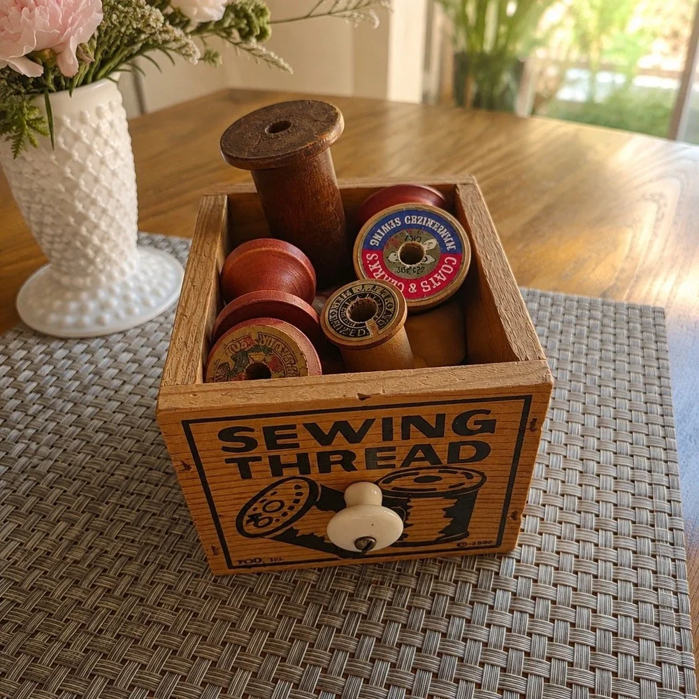 Vintage Inspired Wooden Sewing Thread Box w/ Porcelain Knob & Vintage Wood...